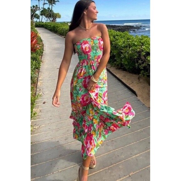 Abel The Label Strapless Smocked Floral Tiered MIDI Dress Size M ANTHROPOLOGIE - Picture 1 of 8